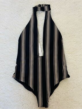 Billabong Stripe Halter One-Piece Swimsuit/Body suit in Black and Cream size M